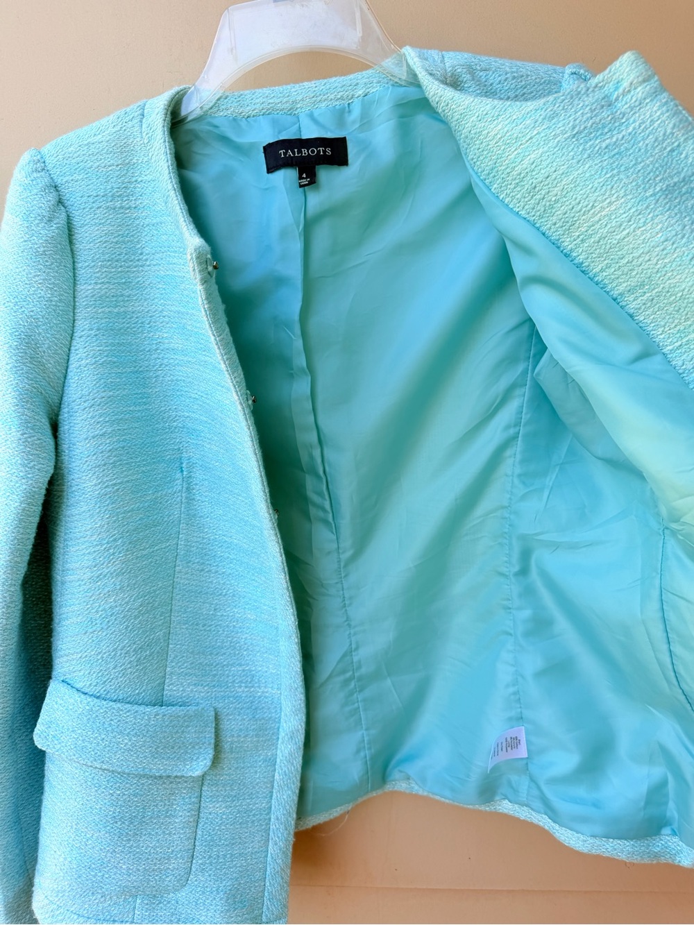 Talbots turquoise tweed hidden button blazer - Picture 6 of 8